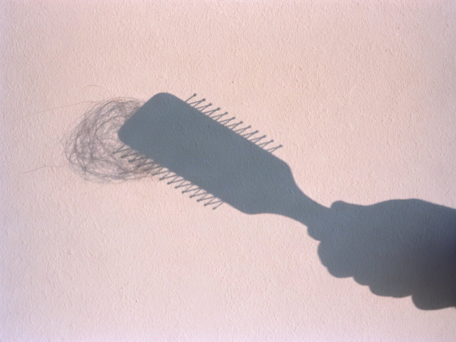 The shadow of a hairbrush with shed hair caught in its bristles, cast on a pale wall