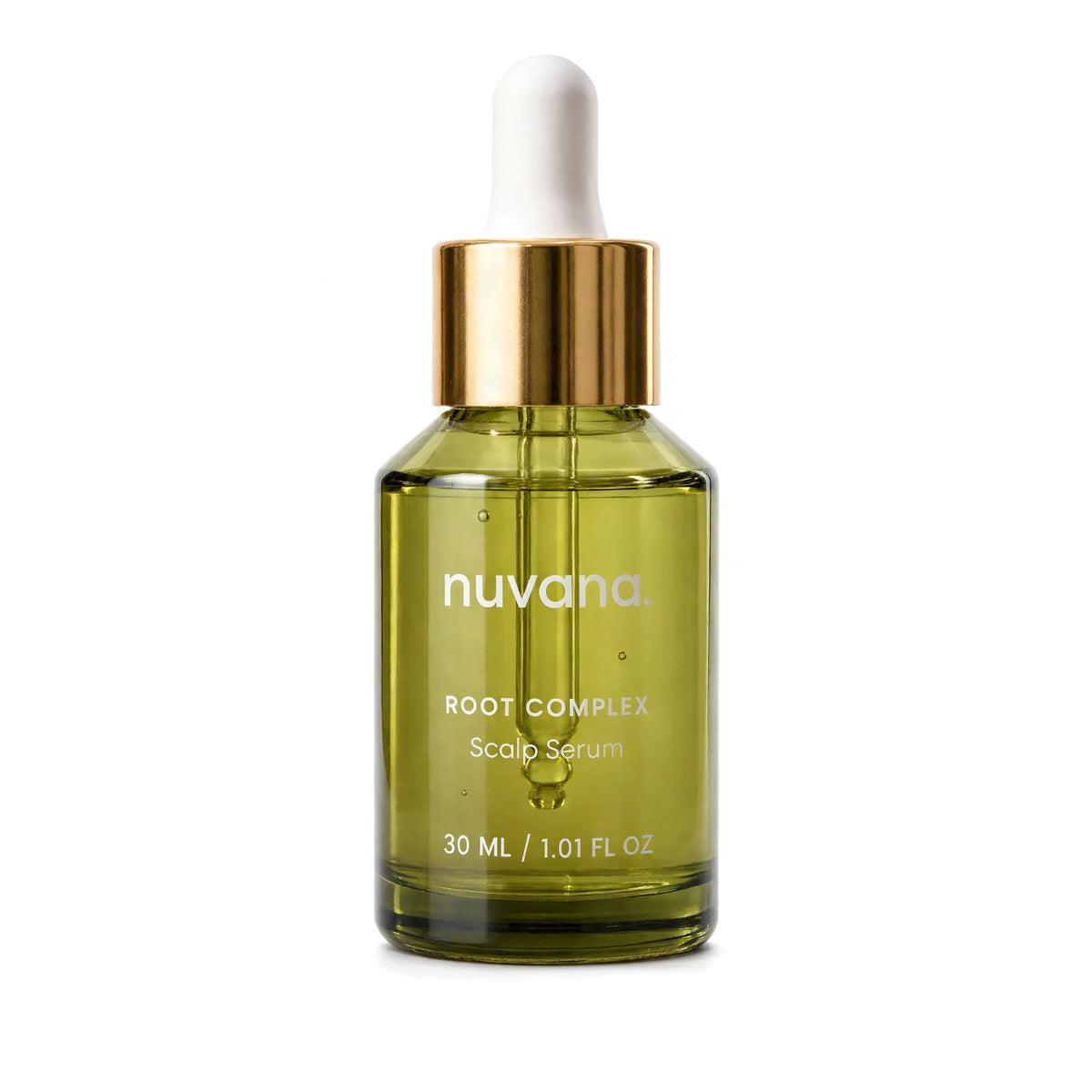 Root Complex Scalp Serum: 30 mL olive green glass dropper bottle with a gold collar and the nuvana. label