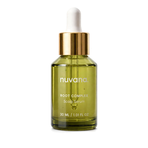 Root Complex Scalp Serum: 30 mL olive green glass dropper bottle with a gold collar and the nuvana. label