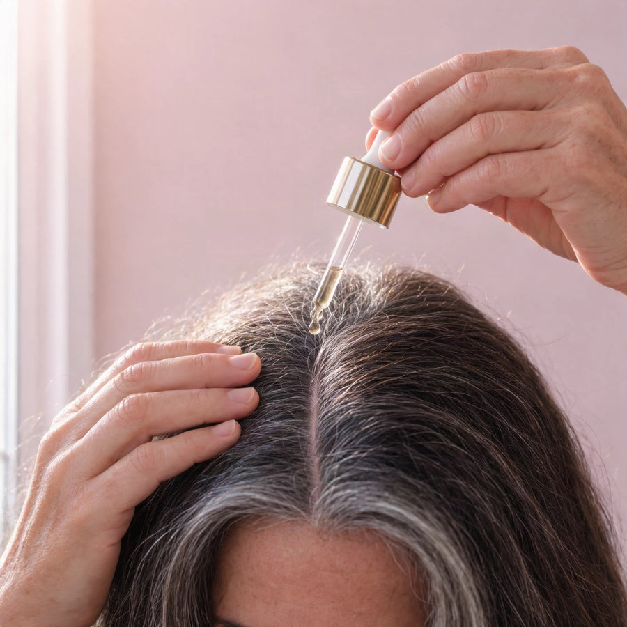 A woman holds her hair open at the part and lets one drop of the golden serum fall from the dropper onto her scalp