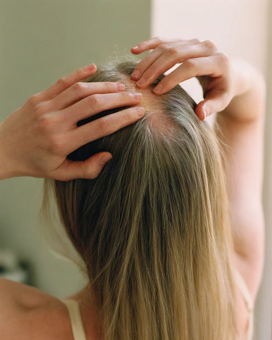 A woman's fingertips massaging her scalp at the crown, long dark hair threaded with silver